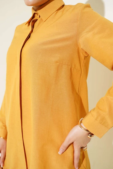 Klasik Yakalı Oval Kesim Camel Gömlek - Resim 4