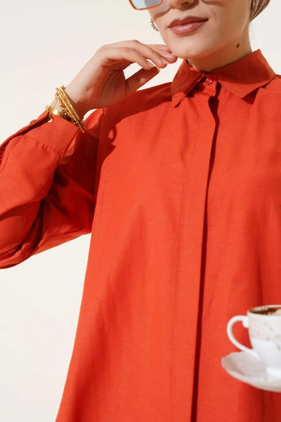 Klasik Yakalı Oval Kesim Kiremit Gömlek - Resim 4