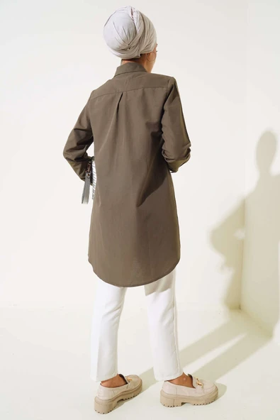 Klasik Yakalı Oval Kesim Haki Gömlek - Resim 3