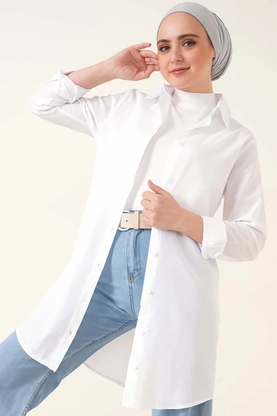 Klasik Yakalı Oval Kesim Beyaz Gömlek ürün görseli 1