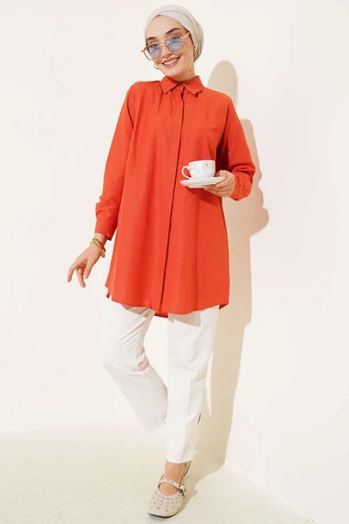 Klasik Yakalı Oval Kesim Kiremit Gömlek - Resim 2