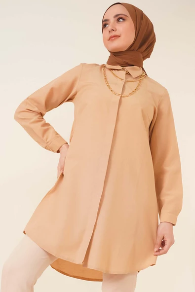 Klasik Yakalı Oval Kesim Latte Gömlek ürün görseli 1
