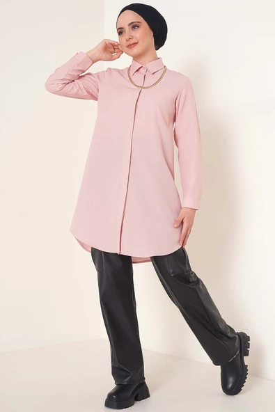 Klasik Yakalı Oval Kesim Gül Kurusu Gömlek - Resim 2