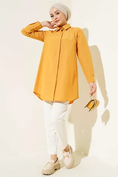 Klasik Yakalı Oval Kesim Camel Gömlek - Resim 2