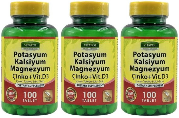 Vitapol Potassium Calcium Magnesium Zinc Vitamin D3 3x100 Tablet Potasyum Kalsiyum Magnezyum Çinko