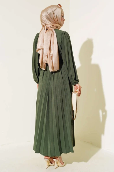 Piliseli Kemerli Ayrobin Elbise Haki - Resim 3