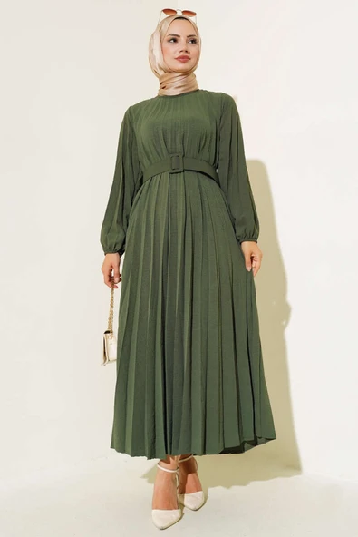 Piliseli Kemerli Ayrobin Elbise Haki ürün görseli 1