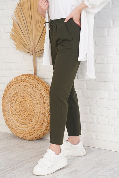 İp Detaylı Beli Lastikli Dar Paça Haki Pantolon - 3