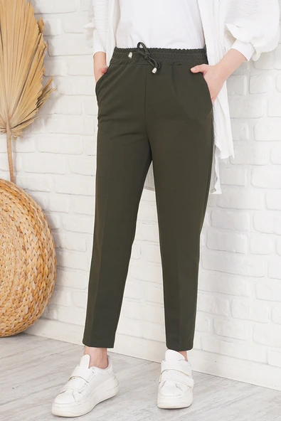 İp Detaylı Beli Lastikli Dar Paça Haki Pantolon - 2