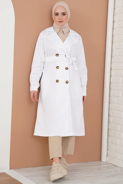 Üç Düğmeli Kruvaze Yaka Beyaz Trençkot - Resim 2