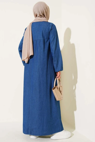 Patlı Beş Düğmeli Kot Elbise - Resim 3