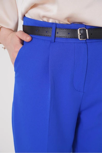 Yırtmaçlı Kemerli Saks Pantolon - Resim 4