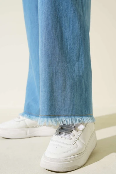 Paça Püsküllü Bol Kot Mavisi Pantolon - 4