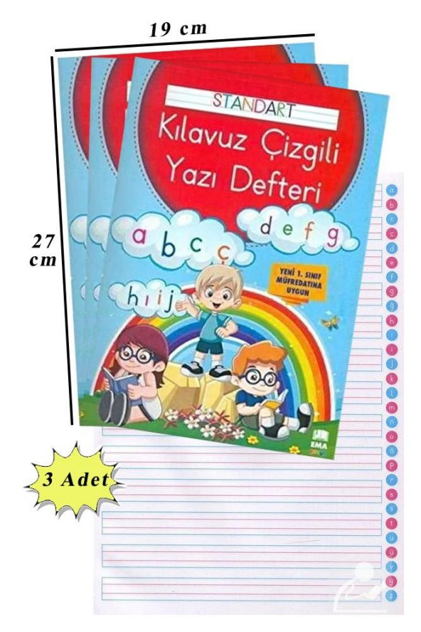 Güzel Yazı Defteri A4 Boy 19x27 cm 24 Yaprak 3 Adet Standart Çizgili Yazı Defteri Dik Temel Harflerle 1. Sınıf