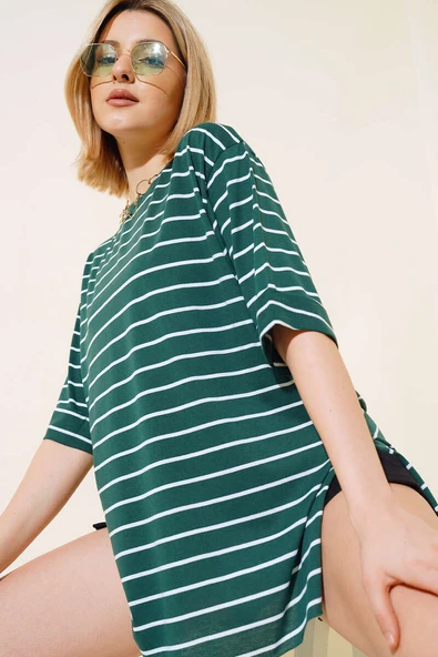 Çizgili Zümrüt Yeşili Tshirt ürün görseli 1