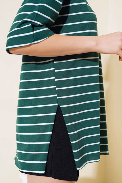 Çizgili Zümrüt Yeşili Tshirt - Resim 4