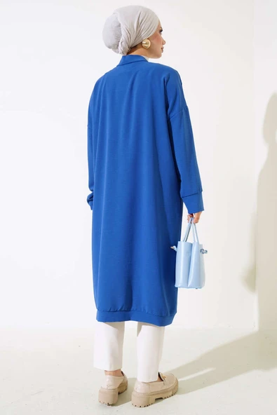 Önü Düğmeli Ayrobin Mavi Uzun Hırka - 3