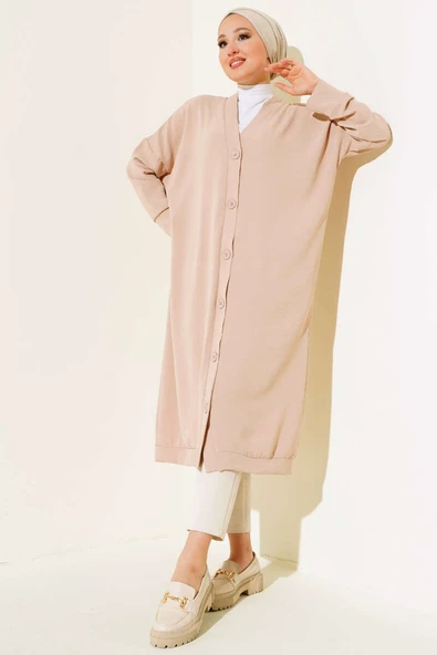 Önü Düğmeli Ayrobin Latte Uzun Hırka - 2