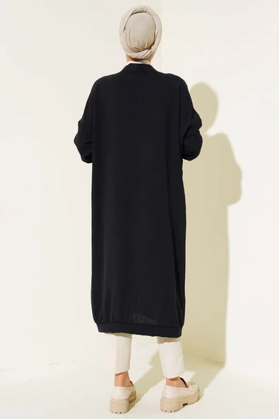Önü Düğmeli Ayrobin Siyah Uzun Hırka - 3