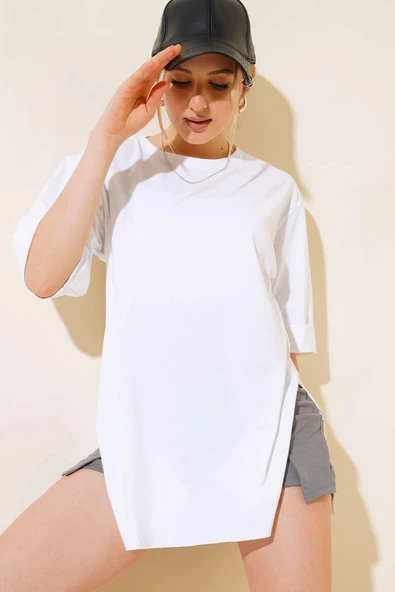 Yırtmaçlı Duble Kol T-shirt Beyaz - 2