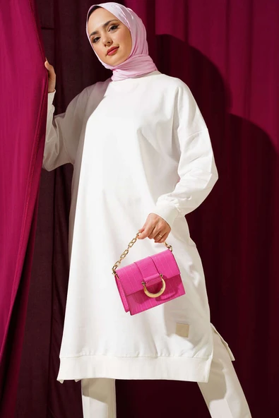 Arma Detaylı Yırtmaçlı Uzun Tunik Ekru ürün görseli 1