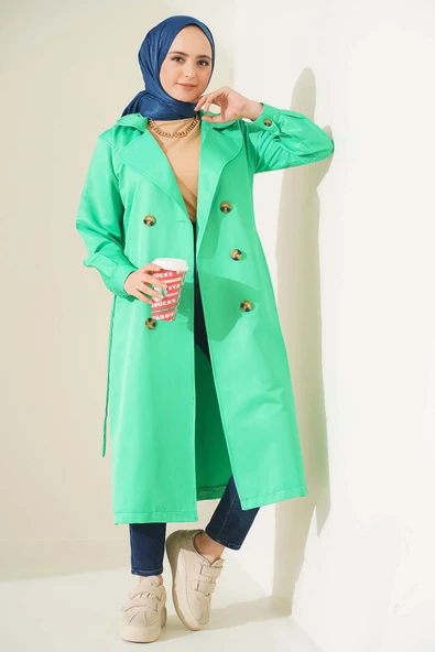 Üç Düğmeli Kruvaze Yaka Yeşil Trençkot ürün görseli 1