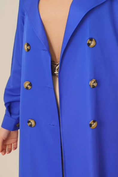 Üç Düğmeli Kruvaze Yaka Saks Trençkot - Resim 4