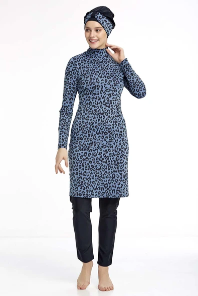 Leopar Desen Siyah Tesettür Mayo - Resim 2