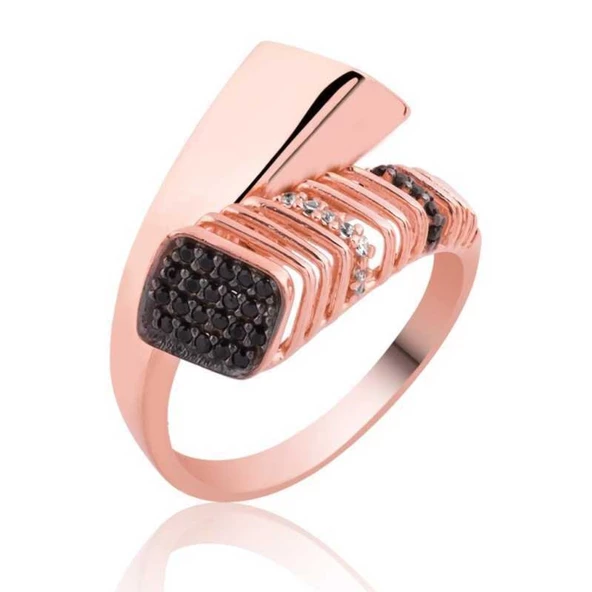 Lucky Life 925 Ayar Gumuss  Rose Siyah Taşlı Bayan Yüzük