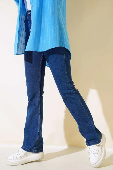 İspanyol Paça Yüksek Bel Koyu Kot Jean Pantolon