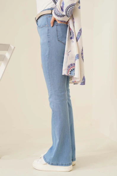 İspanyol Paça Yüksek Bel Açık Kot Jean Pantolon - Resim 3