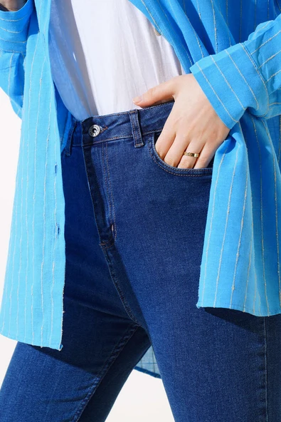 İspanyol Paça Yüksek Bel Koyu Kot Jean Pantolon - 4