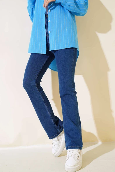 İspanyol Paça Yüksek Bel Koyu Kot Jean Pantolon - 2