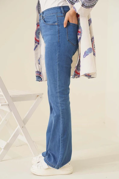 İspanyol Paça Yüksek Bel Orta Kot Jean Pantolon - Resim 3