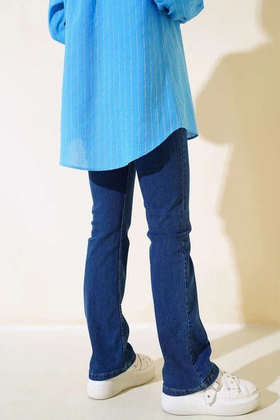 İspanyol Paça Yüksek Bel Koyu Kot Jean Pantolon - 3