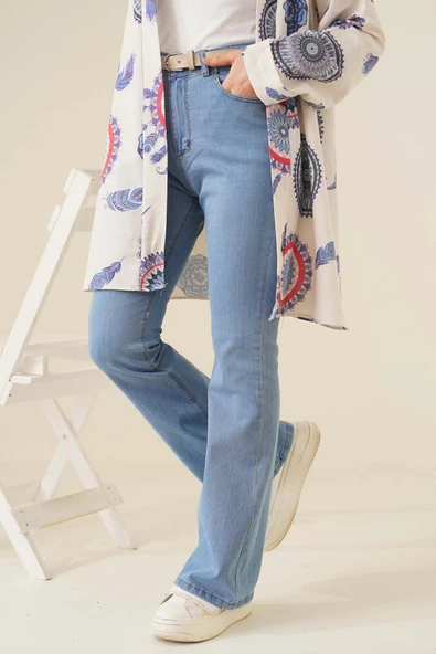 İspanyol Paça Yüksek Bel Açık Kot Jean Pantolon - Resim 2