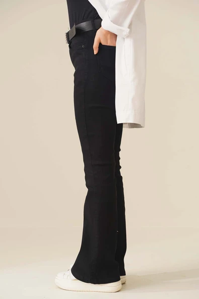 İspanyol Paça Yüksek Bel Siyah Jean Pantolon - Resim 3