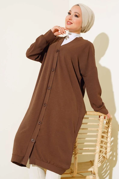 Önü Düğmeli Ayrobin Kahve Uzun Hırka - 2