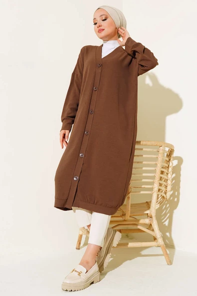 Önü Düğmeli Ayrobin Kahve Uzun Hırka