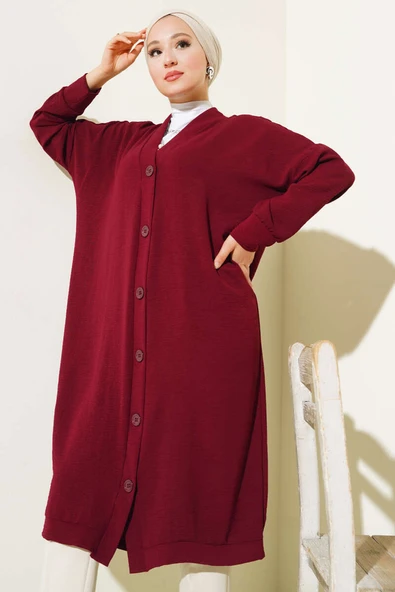Önü Düğmeli Ayrobin Bordo Uzun Hırka - 2