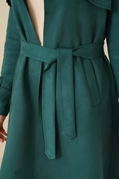 Kuşaklı Süet Trençkot Zümrüt Yeşili - Resim 4