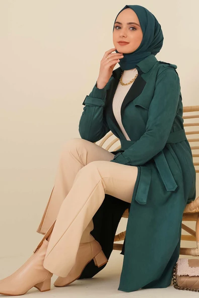 Kuşaklı Süet Trençkot Zümrüt Yeşili ürün görseli 1