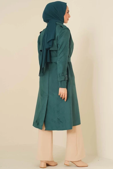 Kuşaklı Süet Trençkot Zümrüt Yeşili - Resim 3