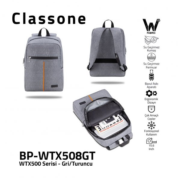 Classone BP-WTX508GT 15,6" Su Geçirmez Kumaş Fermuar Notebook Laptop Sırt Çantası Gri Turuncu