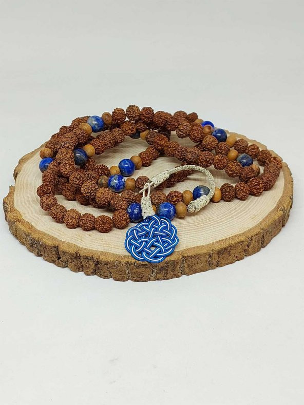 Rudraksha Tohumlu Lapis Taşlı 108lik El Yapımı Bakır Kazazlı Mala Kolye