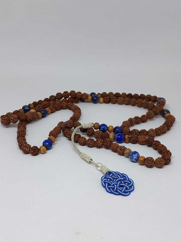 Rudraksha Tohumlu Lapis Taşlı 108lik El Yapımı Bakır Kazazlı Mala Kolye - 2