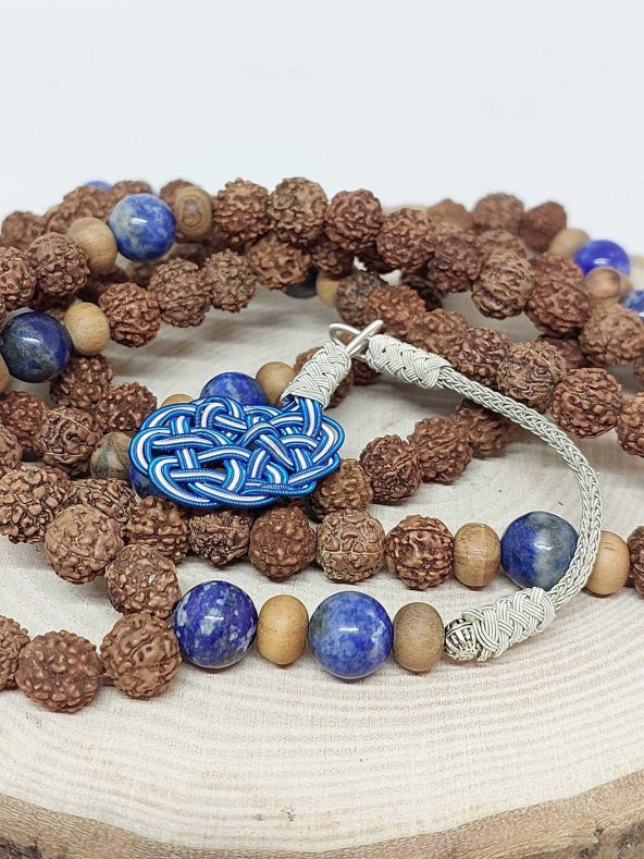 Rudraksha Tohumlu Lapis Taşlı 108lik El Yapımı Bakır Kazazlı Mala Kolye - 3