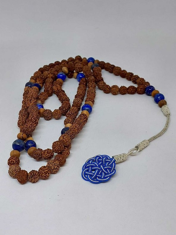 Rudraksha Tohumlu Lapis Taşlı 108lik El Yapımı Bakır Kazazlı Mala Kolye - 4