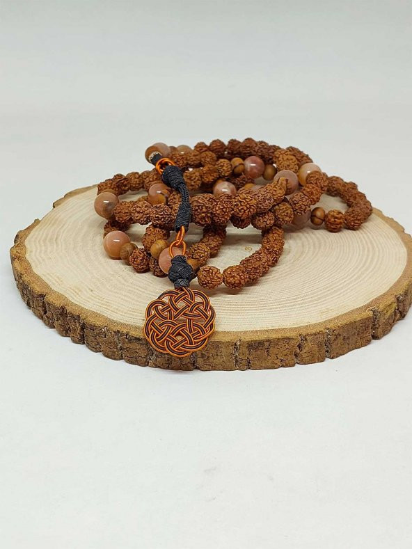 Rudraksha Tohumlu Güneş Taşlı 108lik El Yapımı Bakır Kazazlı Mala Kolye ürün görseli 1