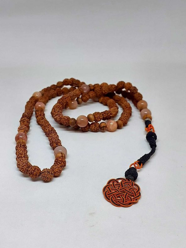Rudraksha Tohumlu Güneş Taşlı 108lik El Yapımı Bakır Kazazlı Mala Kolye - Resim 2